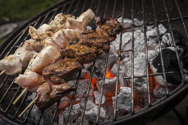 Frango e kebabs de cordeiro em um churrasco — Fotografia de Stock