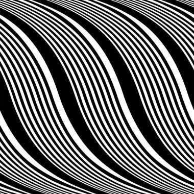 Dalga çizgileri vektörüyle tam kusursuz arkaplan. Dikey dalga çizgileri olan siyah beyaz bir doku. Moda ve dekor kumaş baskısı için dikey çizgiler tasarımı.