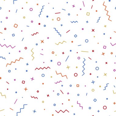 Daire, kare zigzag ve dalgalı şeritli kusursuz geometrik konfeti vektör arkaplanı. Kumaş baskı dokusu.