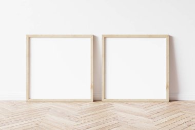İki kare ahşap çerçeve modeli. Ahşap zeminde İki 'nin maket posterleri var. 2 kare çerçeve 3d çizimler.