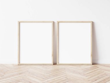 İki dikey ahşap çerçeve. Ahşap zeminde iki sahte poster. 2 çerçeve 3d çizimler.