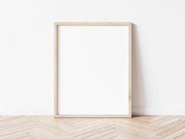 Dikey ahşap çerçeve. Ahşap çerçeveli, ahşap duvarlı bir poster. 3d illüstrasyon.
