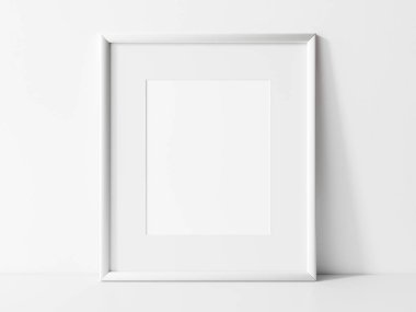 Dikey beyaz çerçeve modeli. Beyaz masa üzerindeki beyaz çerçeve. 3d illüstrasyon.