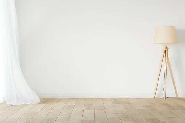 White Empty Room Mockup Sheer Curtain Wood Floor Lamp Wood — Stock Photo, Image