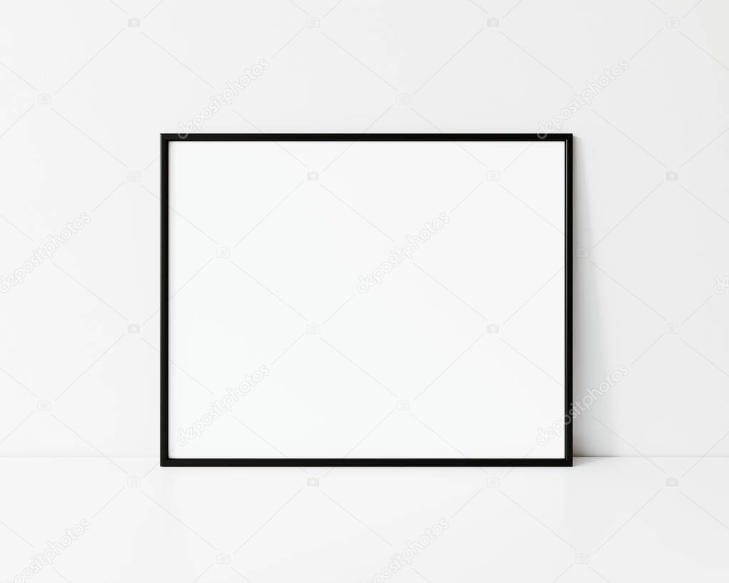Horizontal black thin frame mockup. Minimal black landscape frame. Black slim frame mock up 3d illustrations.