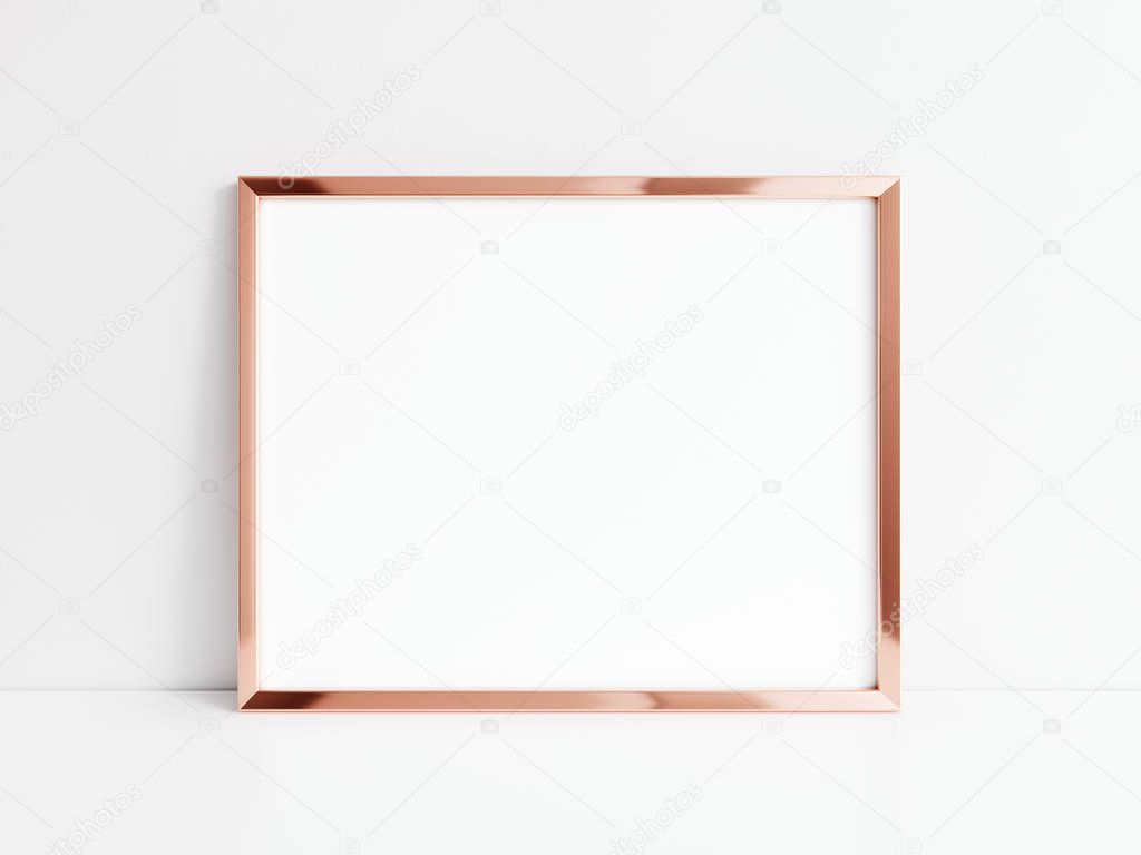 Horizontal rose gold frame isolated on white background, Horizontal pink gold frame mock up 3d illustration.