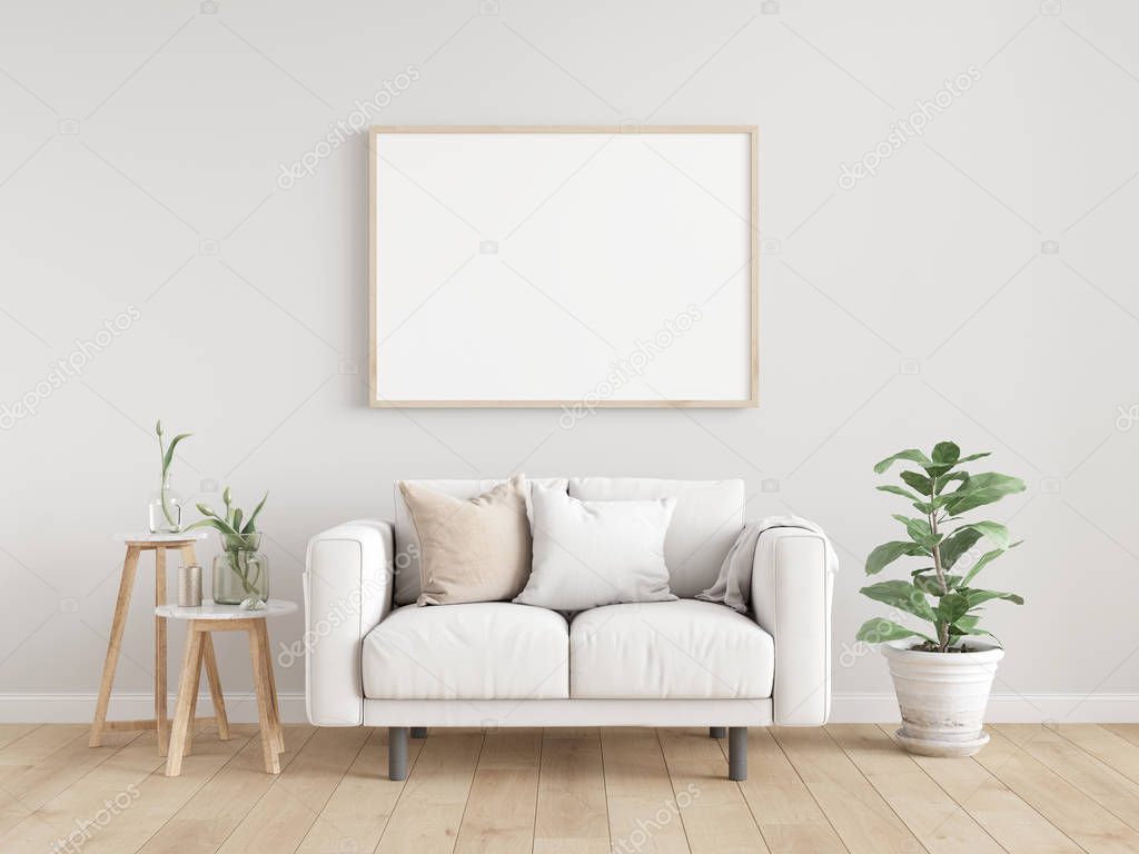Scandinavian Interior poster mock up with horizontal wooden frames, white sofa on wooden floor, wooden side table and green plant in living room with grey wall. 3d illustrations.