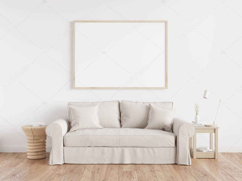 Interior poster mock up with horizontal white frames, beige sofa on wooden floor, wooden side table and table lamp in living room with white wall. 3d illustrations.