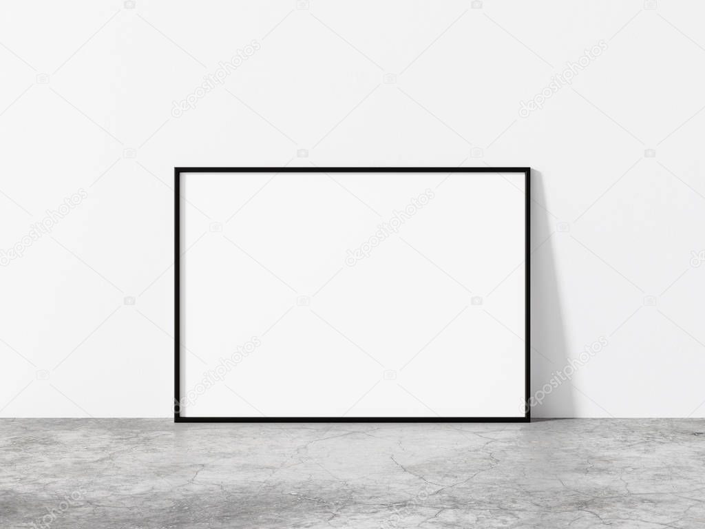 Horizontal black frame mock up. Minimal black thin frame on concrete floor. Modern loft 5x7 frame 3d illustrations.
