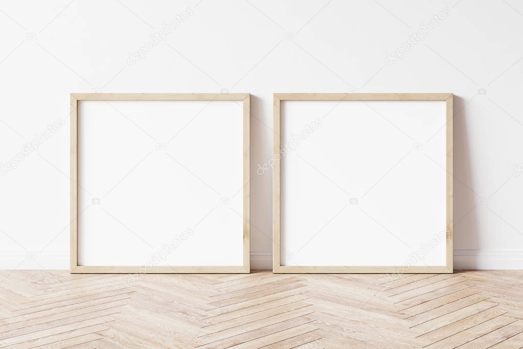 Two square wooden frame mockup. Set of Two mock up poster on wooden floor. 2 square frame 3d illustrations.