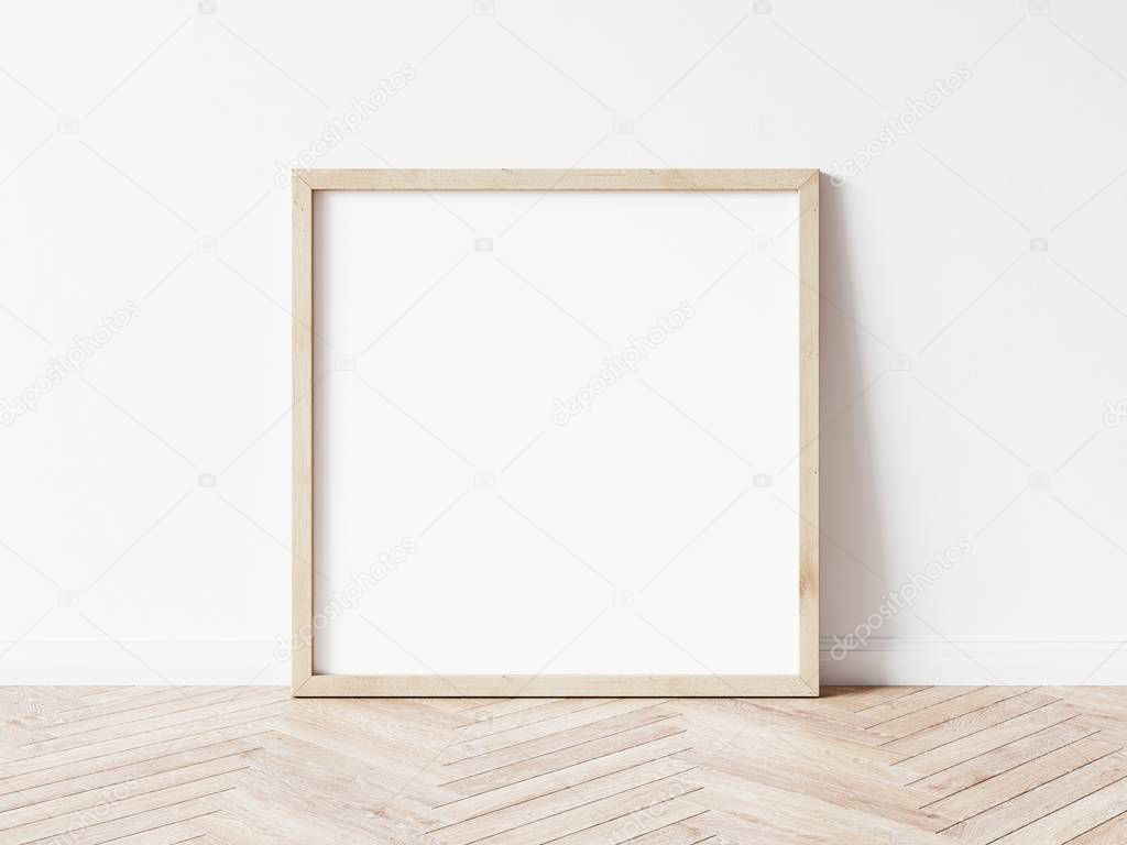 Square wood frame mockup. Wooden frame on wooden floor. Square frame 3d illustrations.