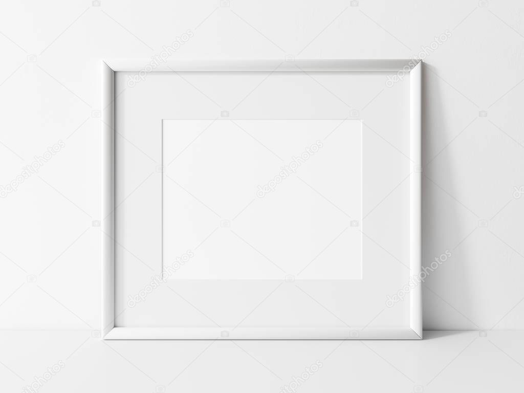 Horizontal white frame mockup. White frame on white table mock up. 3d illustrations.
