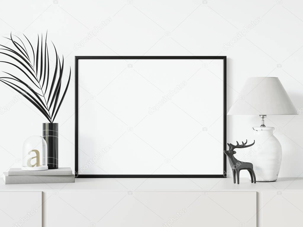 Styled horizontal black frame mockup, Empty Black thin landscape frame with white lamp and plant in black vase 3d illustrations.