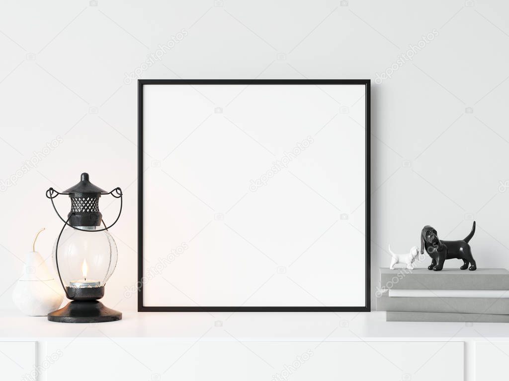 Styled square black frame mockup, Empty Black thin square frame 3d illustrations.