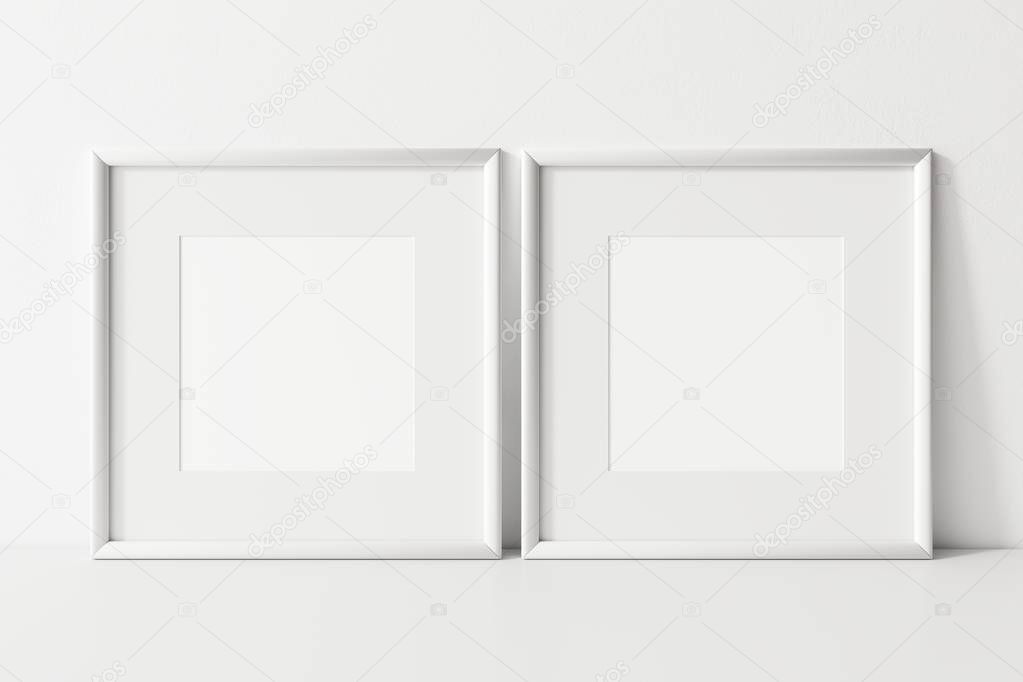 Two square white frame mockup. Two empty white frame mock up. 2 frame 3d illustrations.