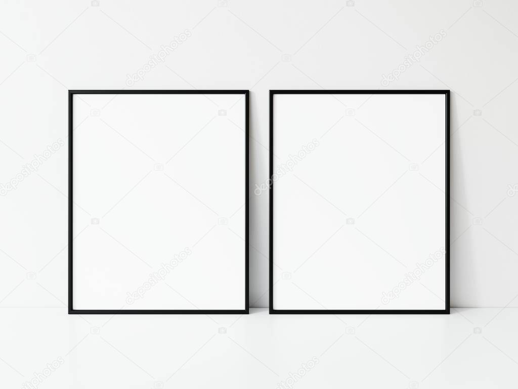 Two vertical black frame mockup. Set of Two black frame mock up poster. 2 vertical frame 3d illustrations.