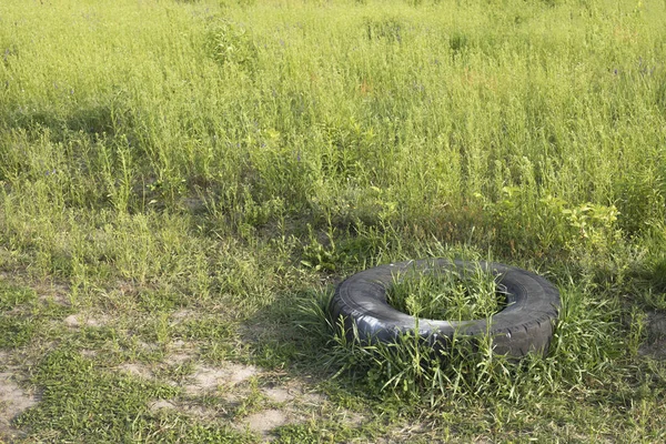 緑のフィールドに投げ込まれた車のゴムタイヤの環境汚染の概念イメージ — ストック写真