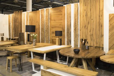 Kyiv Ukrayna - 18 Ekim 2019: iç sergi mobilyalarının tasarımı