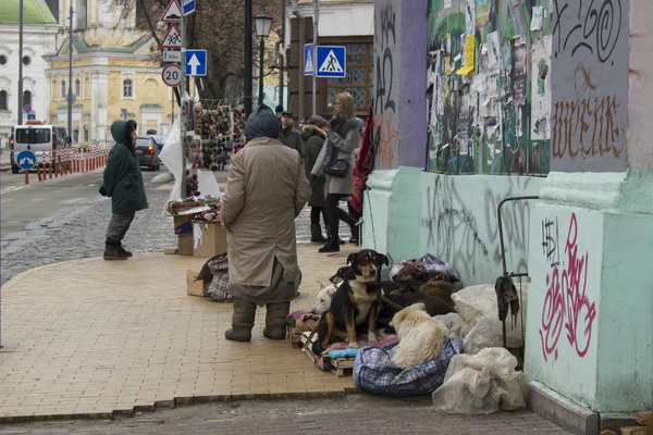 Kyiv Ukraine 06 January 2018: A homeless old woman on the street with a dogs and asking for help
