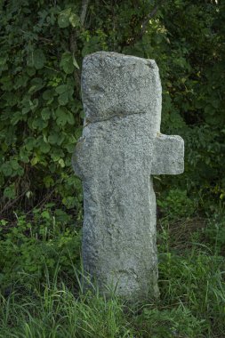 Ormanda terk edilmiş eski bir mezar taşı.