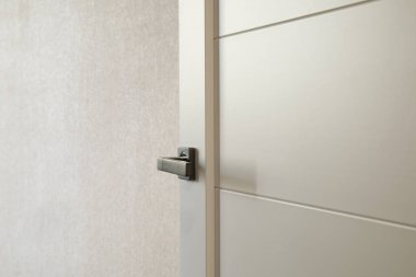white door with black handle open to the room