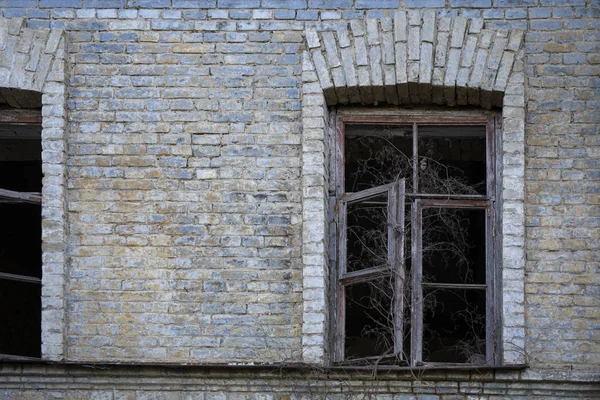 Part of abandoned building with two broken windows — Zdjęcie stockowe