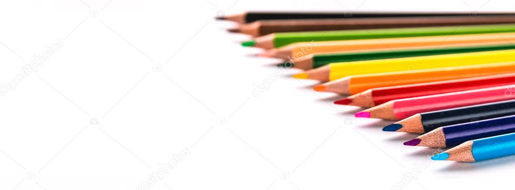 Creative banner with Multicolor pencils isolated on white background, education frame concept with copy space