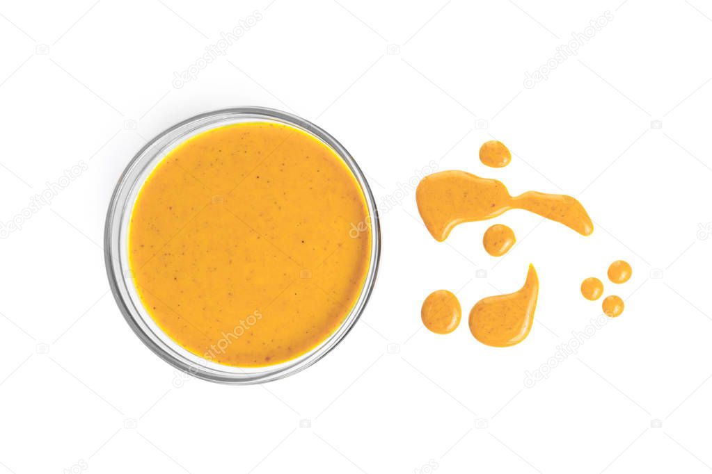 yellow sauce in bowl dripping isolated on white background, for shrimps or fish, top view
