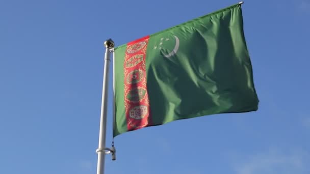 Steagul Turkmenistanului Fluturând Vânt Fundal Albastru Fără Nori Frunză Verde — Videoclip de stoc
