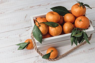 Taze toplanmış mandalinalı, ahşap kutuda yeşil yapraklı, kenevir ipli, beyaz desenli, kış ve Noel meyveli natürmortlu natürmort.