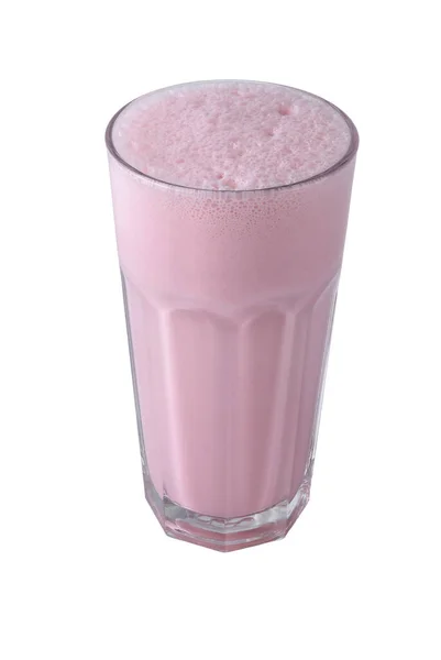 Roze Aardbei Milkshake Met Schuim Cocktail Een Glas Een Witte — Stockfoto