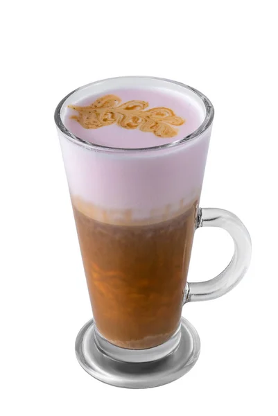 Vidrio Transparente Con Café Expreso Leche Espumosa Jarabe Rosa Crema — Foto de Stock