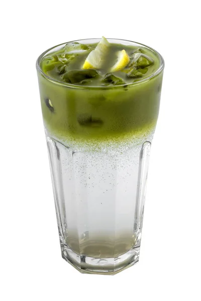 Matcha Green Tea Latte Ice Transparent Glass Isolated White Background — Stock Photo, Image