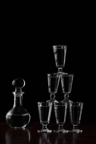 Crystal Decanter Carafe Vodka Glasses Pyramid Tower Wooden Table Restaurant — Stock Photo, Image