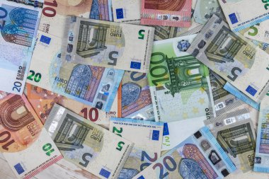 Avro banknotlarının yakın plan çekimleri. Finans ve bankacılık kavramı