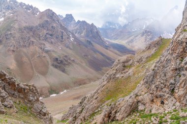 Tacikistan 'daki Fann dağlarında Zmeya zirvesine yakın mavi gökyüzü ve kar dağı manzarası.