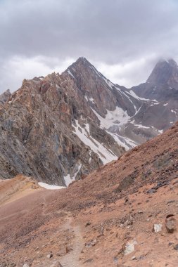 Tacikistan 'daki Fann dağlarında Zmeya zirvesine yakın mavi gökyüzü ve kar dağı manzarası.