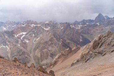 Tacikistan 'daki Fann dağlarında Zmeya zirvesine yakın mavi gökyüzü ve kar dağı manzarası.