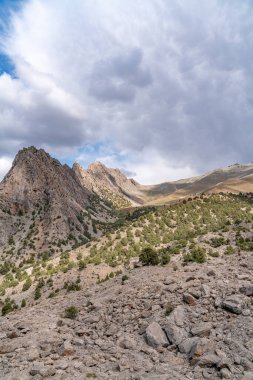 Temiz mavi gökyüzü, kayalık tepeler ve Tacikistan 'daki Fann dağlarındaki taze dağ deresi ile güzel dağ yürüyüşü yolu.
