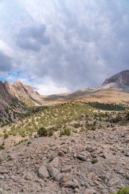 Temiz mavi gökyüzü, kayalık tepeler ve Tacikistan 'daki Fann dağlarındaki taze dağ deresi ile güzel dağ yürüyüşü yolu.