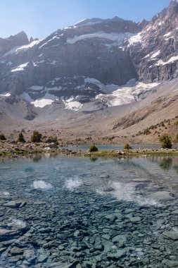 Temiz mavi gökyüzü, kayalık tepeler ve Tacikistan 'daki Fann dağlarında taze dağ gölü olan güzel dağ yürüyüşü yolu.