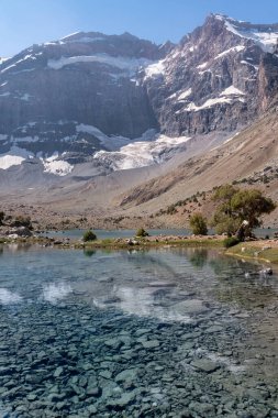 Temiz mavi gökyüzü, kayalık tepeler ve Tacikistan 'daki Fann dağlarında taze dağ gölü olan güzel dağ yürüyüşü yolu.