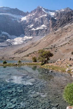 Temiz mavi gökyüzü, kayalık tepeler ve Tacikistan 'daki Fann dağlarında taze dağ gölü olan güzel dağ yürüyüşü yolu.