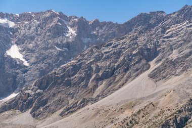 Pamir sıradağları manzarası ve Tacikistan 'daki Fann dağlarındaki Kulikalon Gölü' ndeki huzurlu kamp alanı..