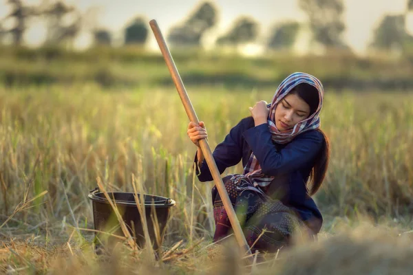 Travailleuse en costume de fermier sur rizières, Thaïlande — Photo