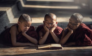 Rahibe adayı, manastırda kitap okuyor, Bagan, Myanmar.