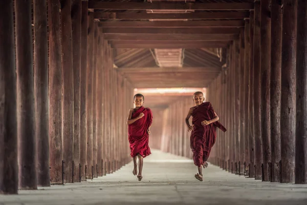 Budist çaylaklar tapınakta yürüyor, Myanmar.