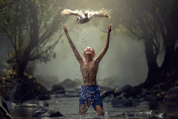 Jungen spielen mit ihrer Ente im Bach — Stockfoto