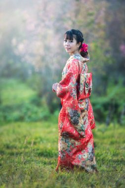 Geleneksel Japon kimonosu giyen Asyalı kadın.