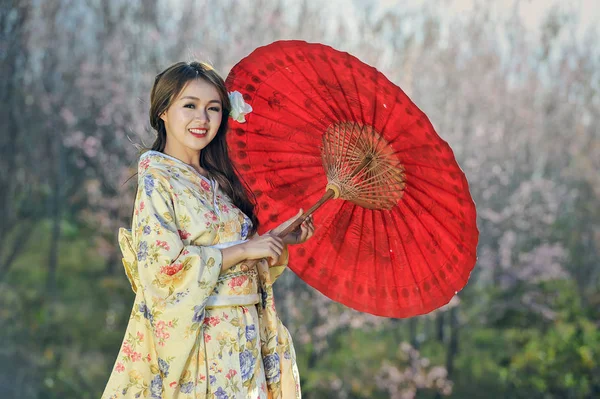 Ελκυστική γυναίκα της Ασίας φορώντας το παραδοσιακό ιαπωνικό κιμονό — Φωτογραφία Αρχείου